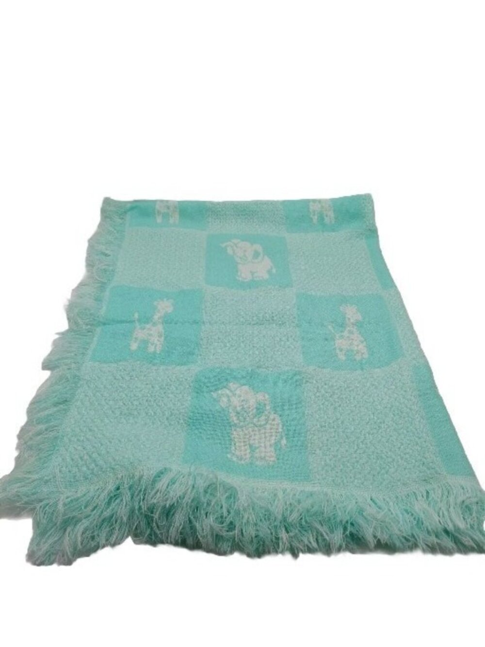 Dundee Elephant Giraffe Baby Blanket Green White Waffle Weave 34"x45" Vintage